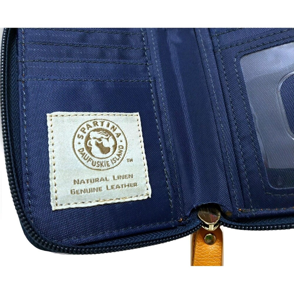 Spartina Daufuskie Blue White Genuine Leather Natural Linen Card Wallet Wristlet - Picture 5 of 5